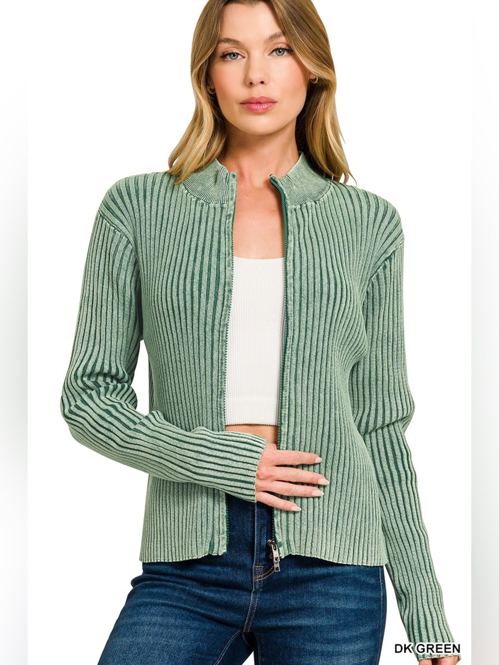 Zenana Dk Green Washed Zip Up Sweater - Picture 2 of 7